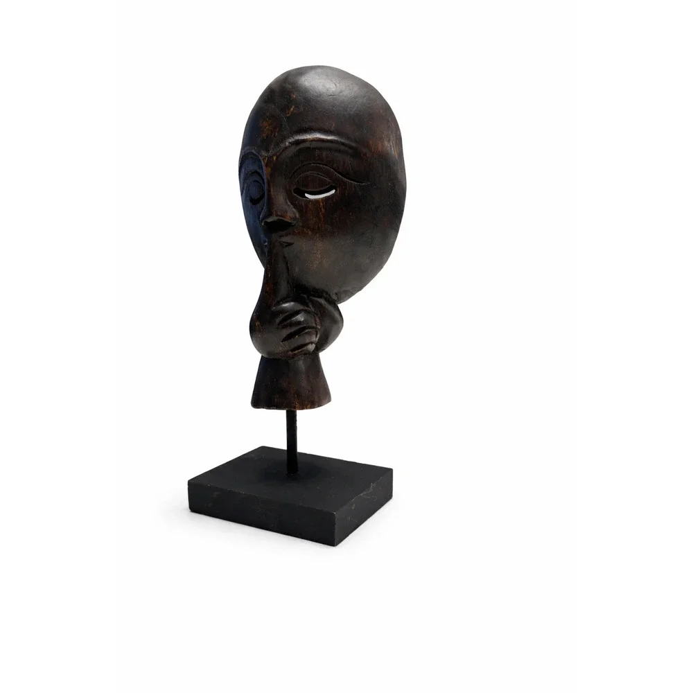 Hand-Carved Wooden “Shh” Mask Sculpture on Stand – African Style Art Decor